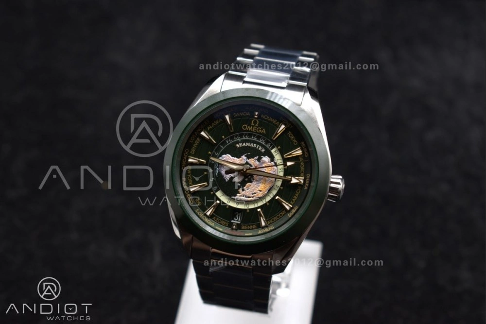 Youthful Aqua Terra GMT Worldtimer 43mm Green Ceramic VSF 1:1 Best Edition on SS Bracelet A8938 Super Clone 6