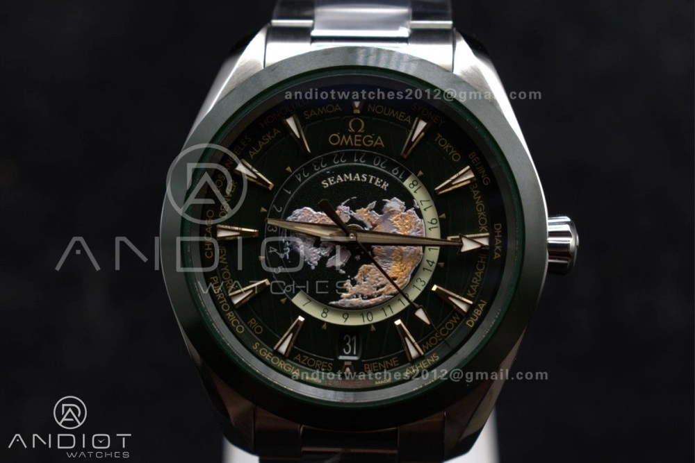 Youthful Aqua Terra GMT Worldtimer 43mm Green Ceramic VSF 1:1 Best Edition on SS Bracelet A8938 Super Clone 6