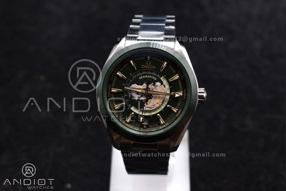 Youthful Aqua Terra GMT Worldtimer 43mm Green Ceramic VSF 1:1 Best Edition on SS Bracelet A8938 Super Clone 6