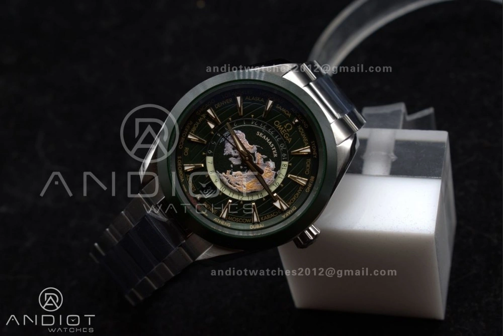 Youthful Aqua Terra GMT Worldtimer 43mm Green Ceramic VSF 1:1 Best Edition on SS Bracelet A8938 Super Clone 6