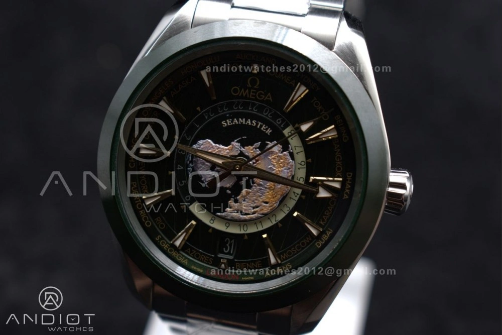 Youthful Aqua Terra GMT Worldtimer 43mm Green Ceramic VSF 1:1 Best Edition on SS Bracelet A8938 Super Clone 6