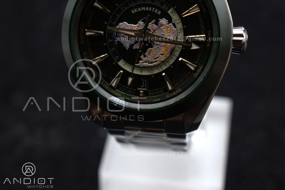 Youthful Aqua Terra GMT Worldtimer 43mm Green Ceramic VSF 1:1 Best Edition on SS Bracelet A8938 Super Clone 6