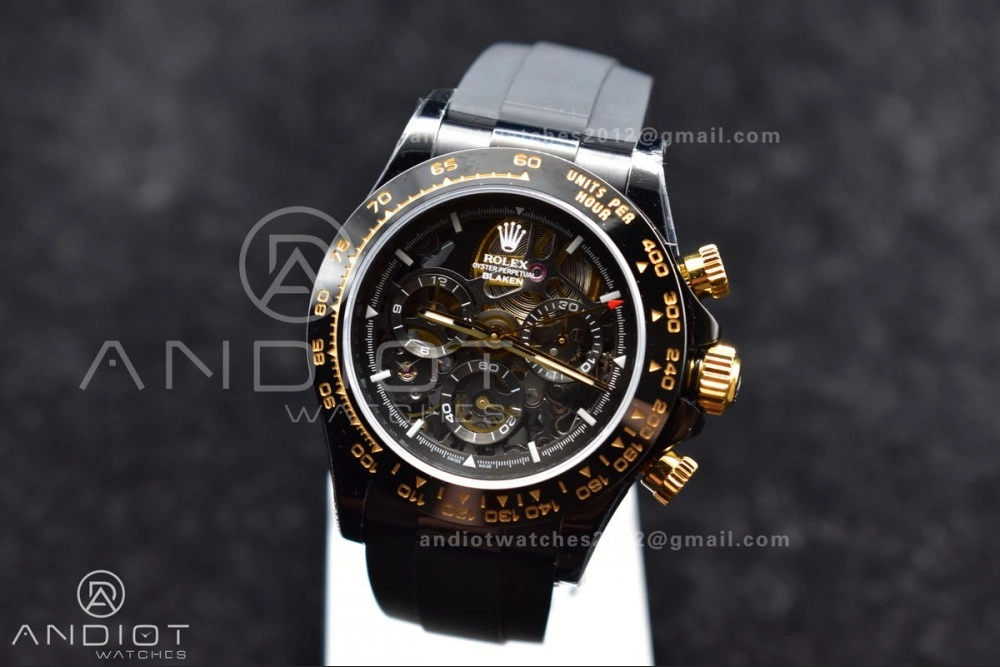 Versatile Blaken Daytona PVD Ceramic Bezel GETF Best Edition Skeleton Gold Dial on Black Rubber Strap SA 523