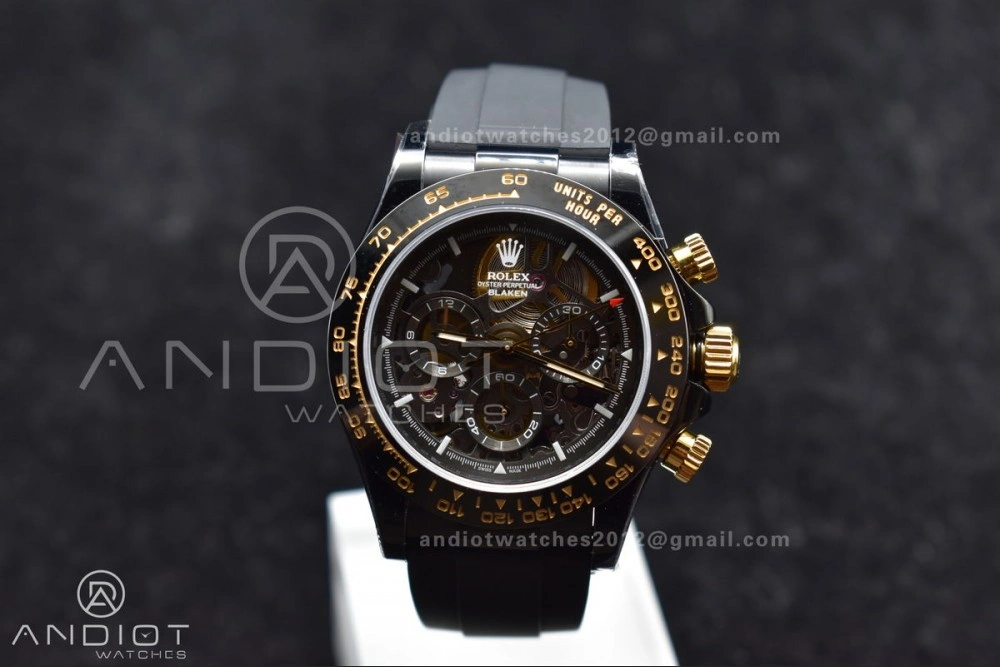 Versatile Blaken Daytona PVD Ceramic Bezel GETF Best Edition Skeleton Gold Dial on Black Rubber Strap SA 523
