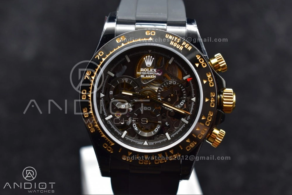 Versatile Blaken Daytona PVD Ceramic Bezel GETF Best Edition Skeleton Gold Dial on Black Rubber Strap SA 523