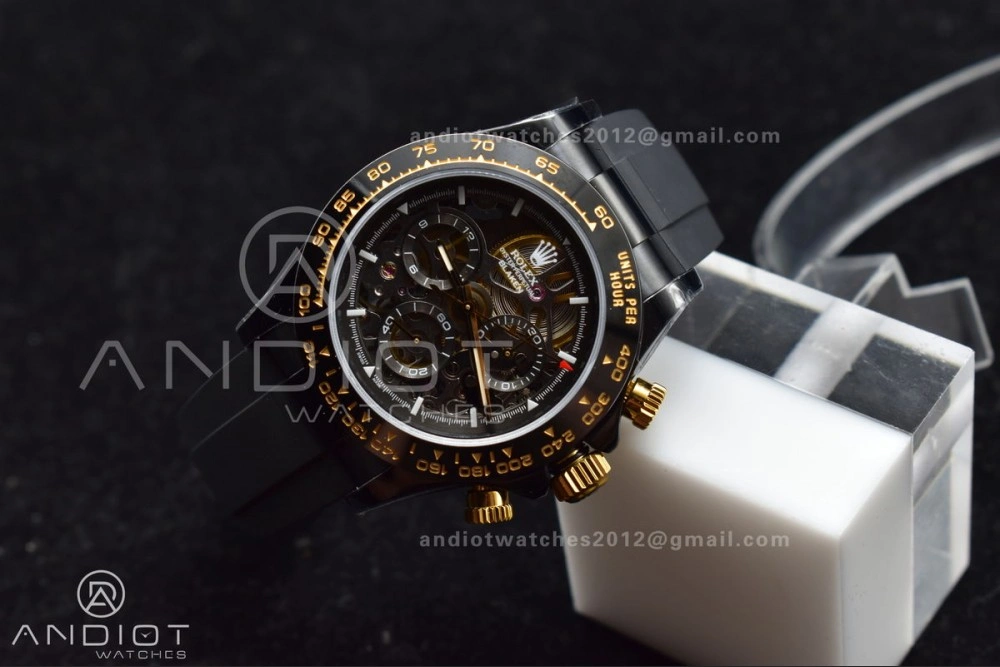 Versatile Blaken Daytona PVD Ceramic Bezel GETF Best Edition Skeleton Gold Dial on Black Rubber Strap SA 523