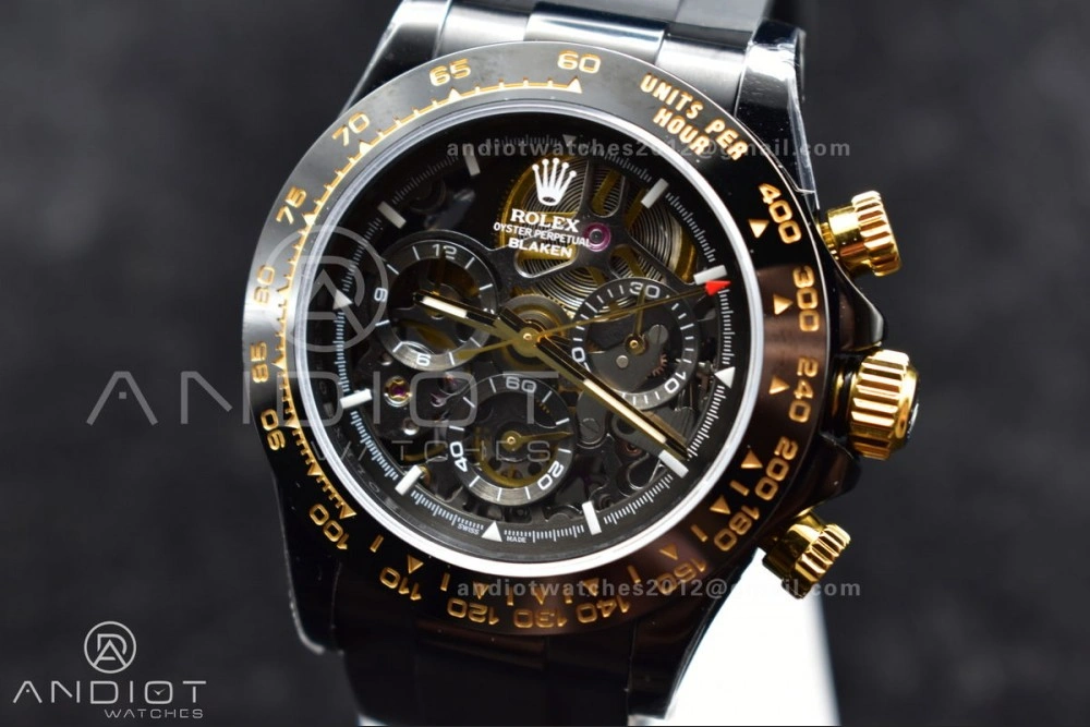 Versatile Blaken Daytona PVD Ceramic Bezel GETF Best Edition Skeleton Gold Dial on Black Rubber Strap SA 523