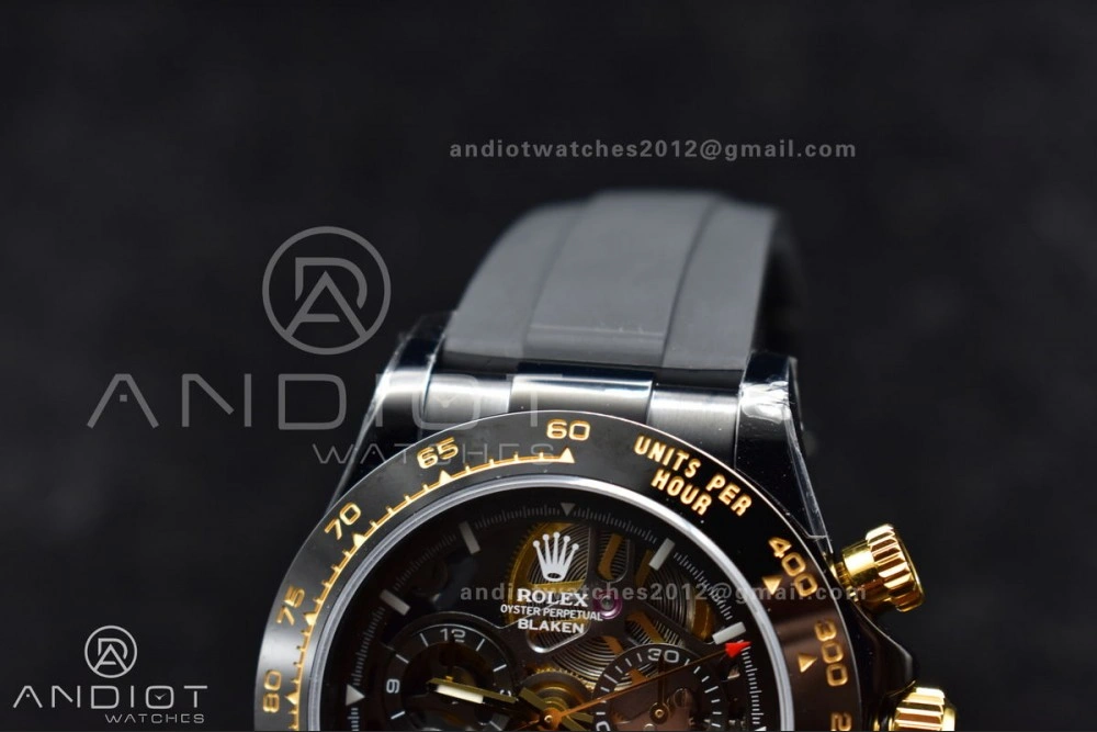 Versatile Blaken Daytona PVD Ceramic Bezel GETF Best Edition Skeleton Gold Dial on Black Rubber Strap SA 523
