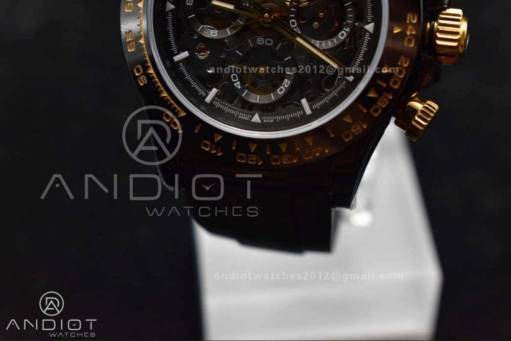 Versatile Blaken Daytona PVD Ceramic Bezel GETF Best Edition Skeleton Gold Dial on Black Rubber Strap SA 523
