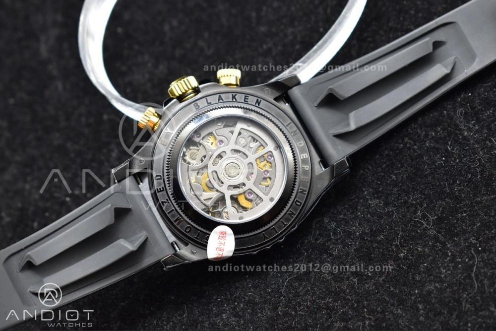 Versatile Blaken Daytona PVD Ceramic Bezel GETF Best Edition Skeleton Gold Dial on Black Rubber Strap SA 523