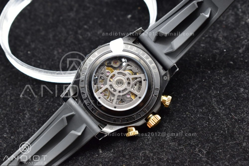 Versatile Blaken Daytona PVD Ceramic Bezel GETF Best Edition Skeleton Gold Dial on Black Rubber Strap SA 523