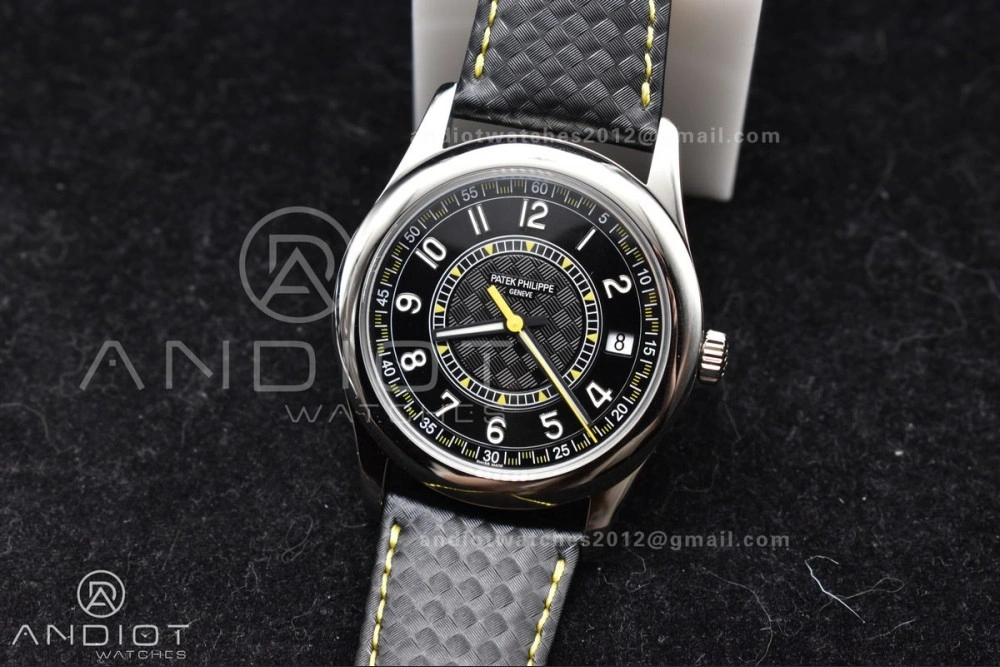 Calatrava 6007G SS PPF 1:1 Best Edition Black Yellow Dial on Black Leather Strap 330CS Packable 360