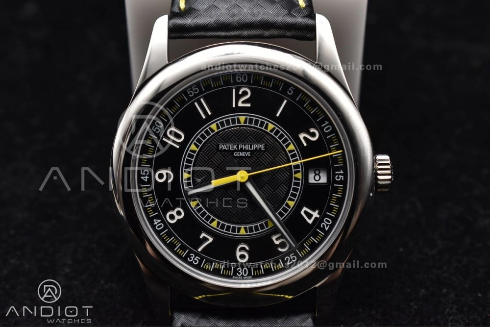 Calatrava 6007G SS PPF 1:1 Best Edition Black Yellow Dial on Black Leather Strap 330CS Packable 360