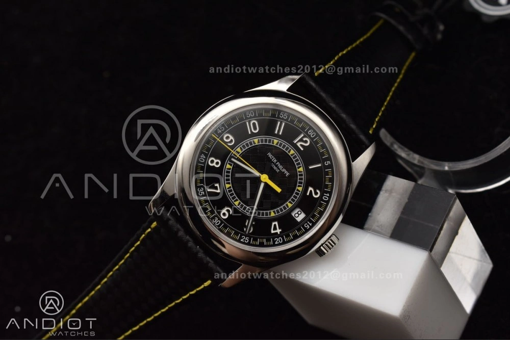 Calatrava 6007G SS PPF 1:1 Best Edition Black Yellow Dial on Black Leather Strap 330CS Packable 360