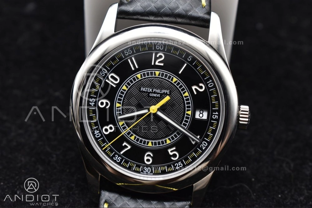 Calatrava 6007G SS PPF 1:1 Best Edition Black Yellow Dial on Black Leather Strap 330CS Packable 360