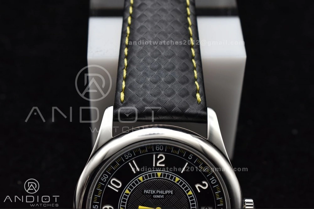 Calatrava 6007G SS PPF 1:1 Best Edition Black Yellow Dial on Black Leather Strap 330CS Packable 360