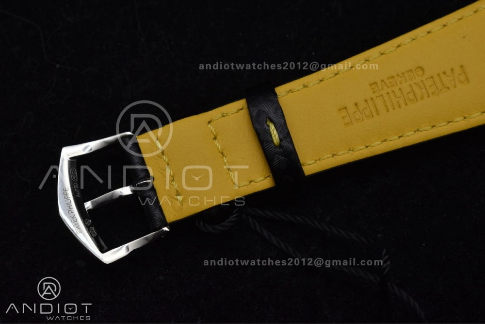 Calatrava 6007G SS PPF 1:1 Best Edition Black Yellow Dial on Black Leather Strap 330CS Packable 360