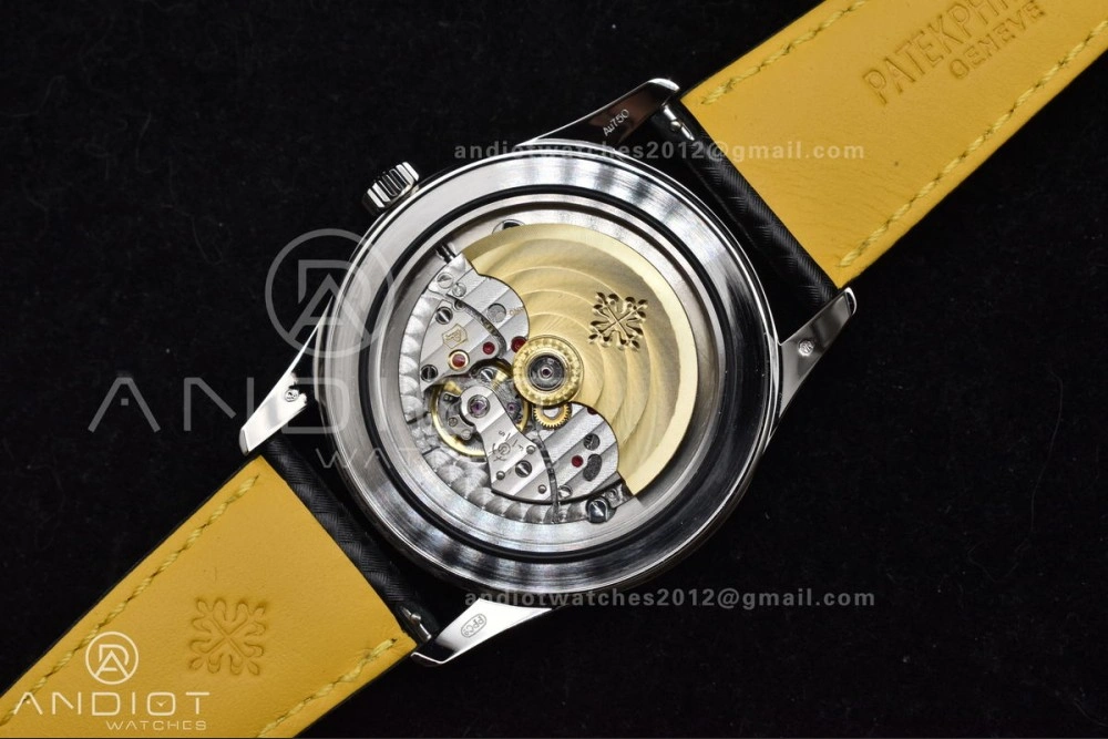 Calatrava 6007G SS PPF 1:1 Best Edition Black Yellow Dial on Black Leather Strap 330CS Packable 360
