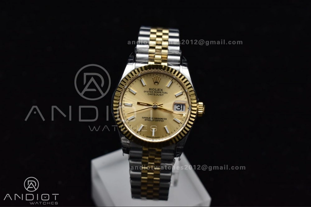 SportInspired DateJust 31 Ladies 278273 GSF 316L Steel Gold Dial Stick Markers On YG President Bracelet 549