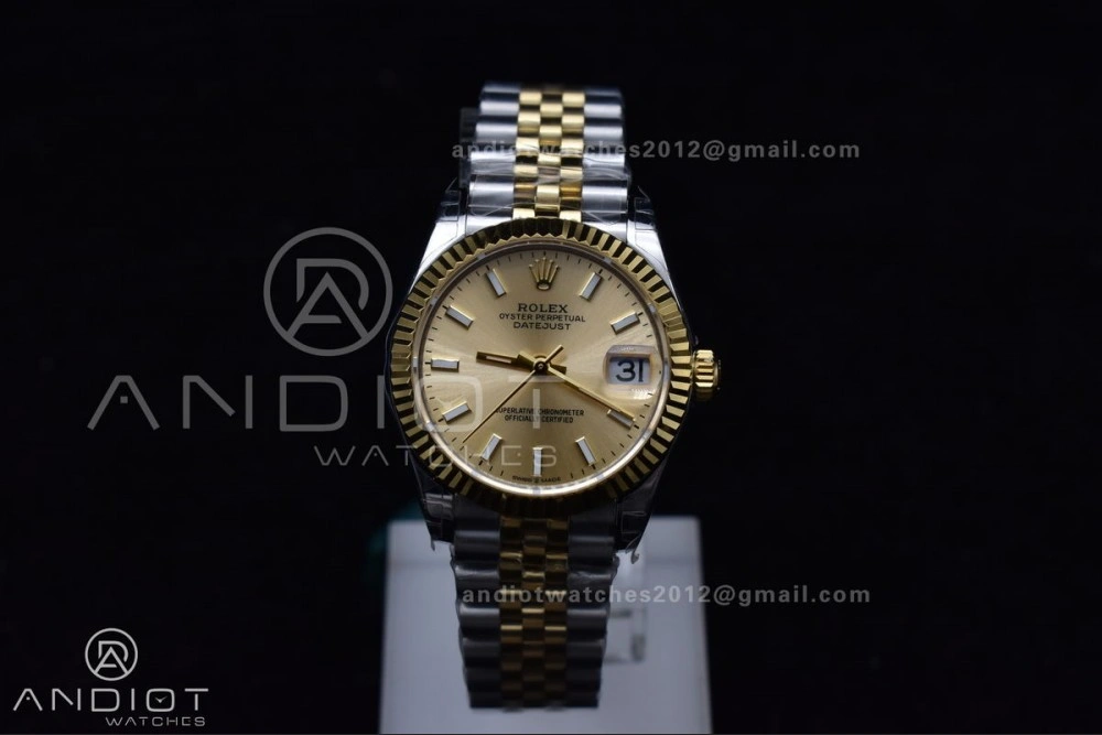 SportInspired DateJust 31 Ladies 278273 GSF 316L Steel Gold Dial Stick Markers On YG President Bracelet 549