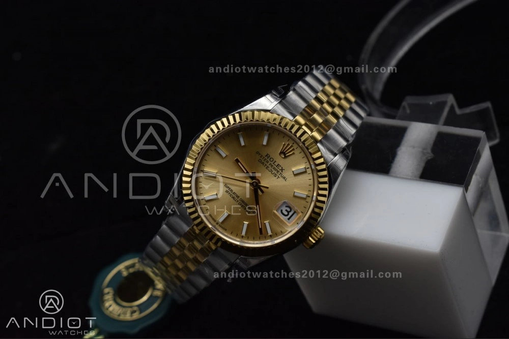 SportInspired DateJust 31 Ladies 278273 GSF 316L Steel Gold Dial Stick Markers On YG President Bracelet 549