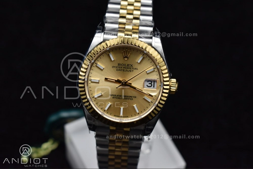 SportInspired DateJust 31 Ladies 278273 GSF 316L Steel Gold Dial Stick Markers On YG President Bracelet 549