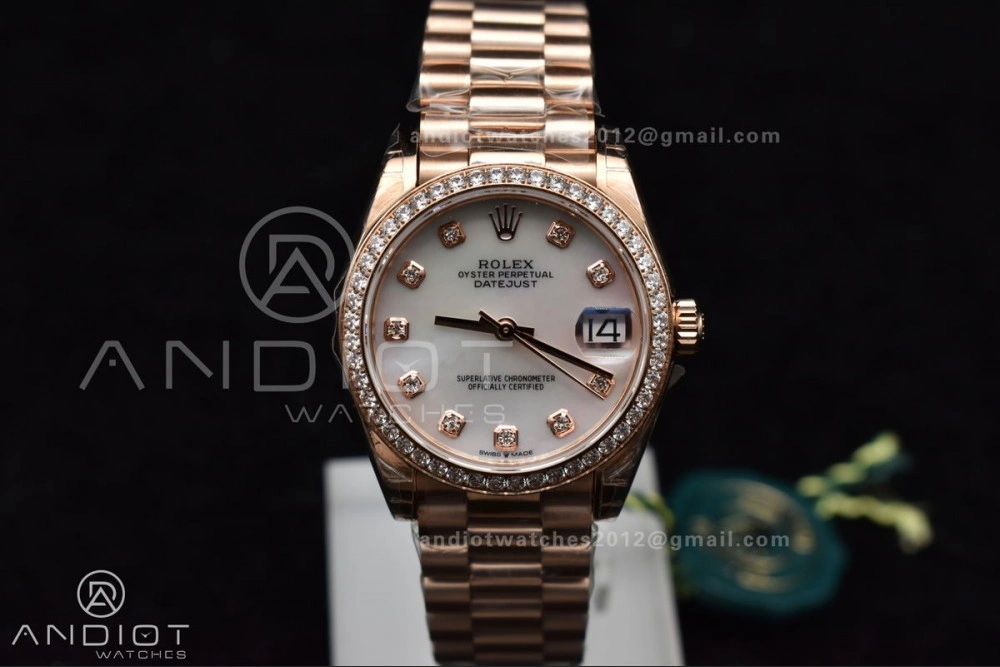 Sporty DateJust 31 Ladies 278275 GSF 316L Steel MOP Diamond Dial On Full RG Case and President Sytle Bracelet 551