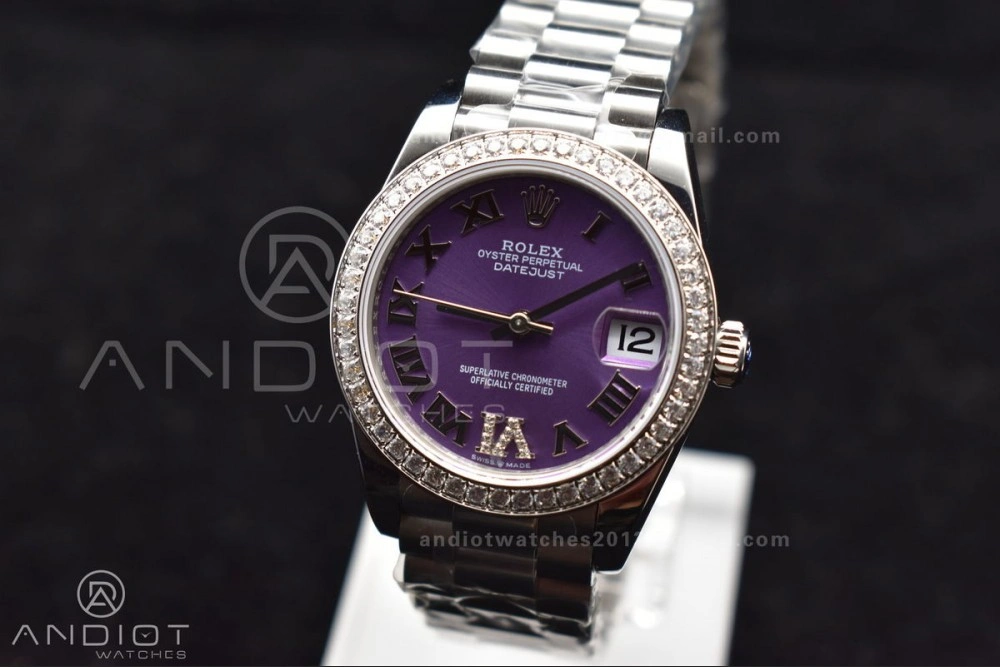DateJust 31 Ladies 278289 BPF 316L Steel Diamonds Bezel Purple Dial Roman Markers on President Style Bracelet Compact 552