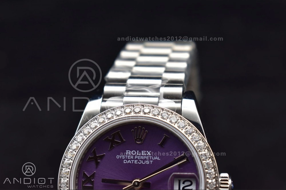 DateJust 31 Ladies 278289 BPF 316L Steel Diamonds Bezel Purple Dial Roman Markers on President Style Bracelet Compact 552