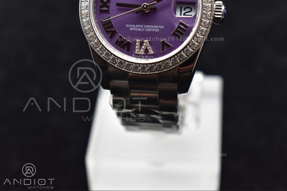 DateJust 31 Ladies 278289 BPF 316L Steel Diamonds Bezel Purple Dial Roman Markers on President Style Bracelet Compact 552