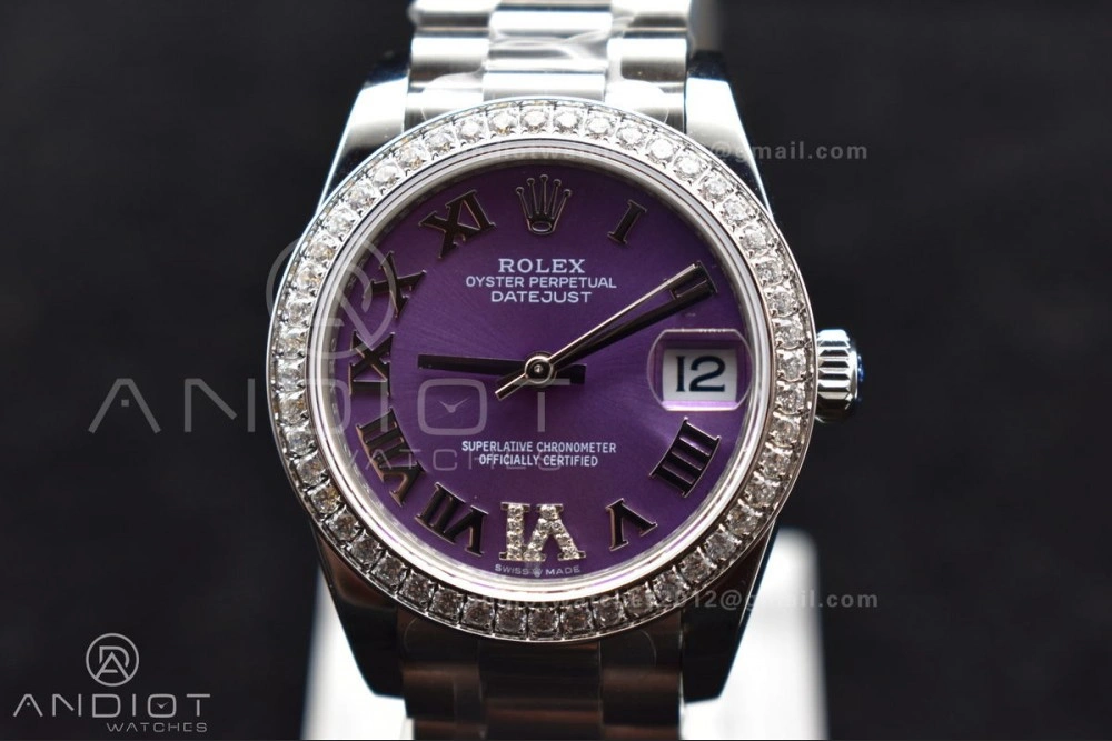 DateJust 31 Ladies 278289 BPF 316L Steel Diamonds Bezel Purple Dial Roman Markers on President Style Bracelet Compact 552
