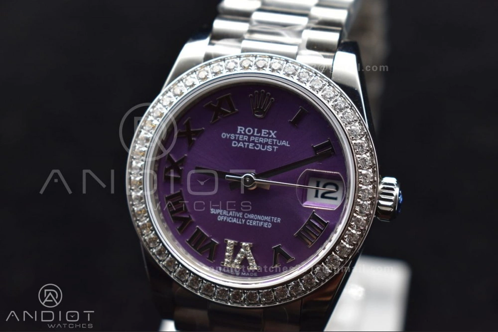 DateJust 31 Ladies 278289 BPF 316L Steel Diamonds Bezel Purple Dial Roman Markers on President Style Bracelet Compact 552
