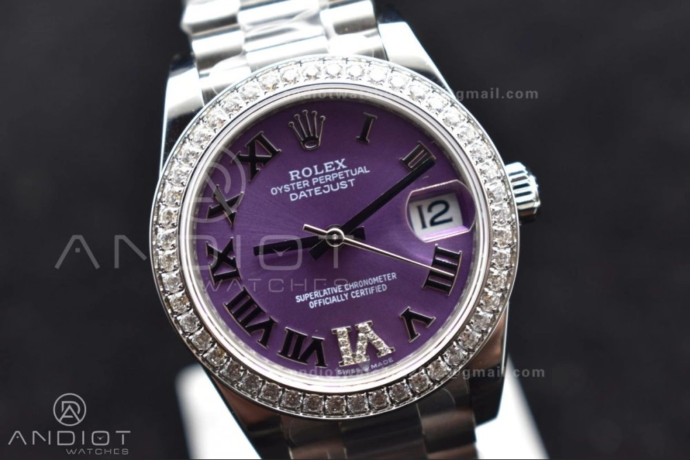 DateJust 31 Ladies 278289 BPF 316L Steel Diamonds Bezel Purple Dial Roman Markers on President Style Bracelet Compact 552