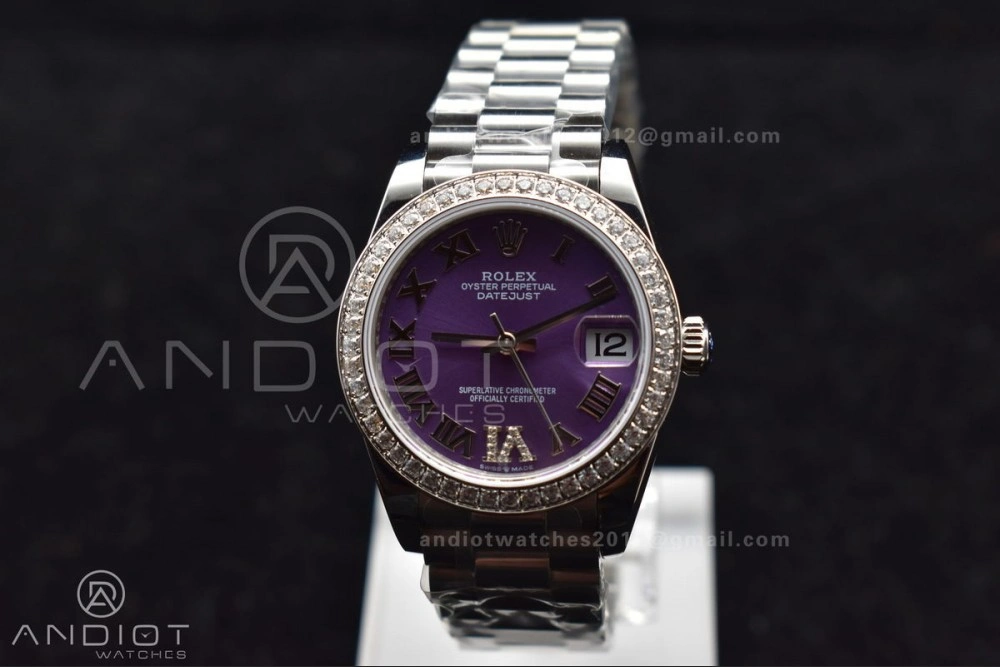 DateJust 31 Ladies 278289 BPF 316L Steel Diamonds Bezel Purple Dial Roman Markers on President Style Bracelet Compact 552