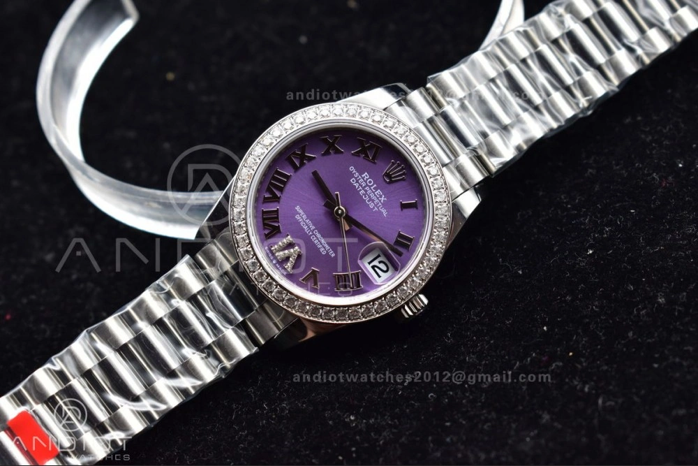 DateJust 31 Ladies 278289 BPF 316L Steel Diamonds Bezel Purple Dial Roman Markers on President Style Bracelet Compact 552