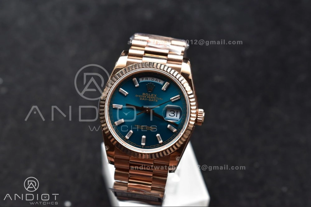 WeatherProof DayDate 36 RG QF Best Edition 904L Steel Blue Dial with Stick Diamond on President Bracelet vr3255 V5 (Gain Weight) 667