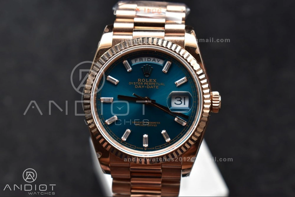 WeatherProof DayDate 36 RG QF Best Edition 904L Steel Blue Dial with Stick Diamond on President Bracelet vr3255 V5 (Gain Weight) 667