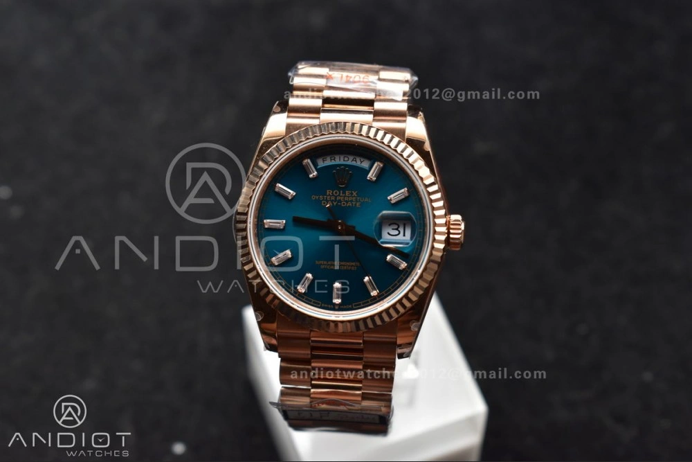 WeatherProof DayDate 36 RG QF Best Edition 904L Steel Blue Dial with Stick Diamond on President Bracelet vr3255 V5 (Gain Weight) 667