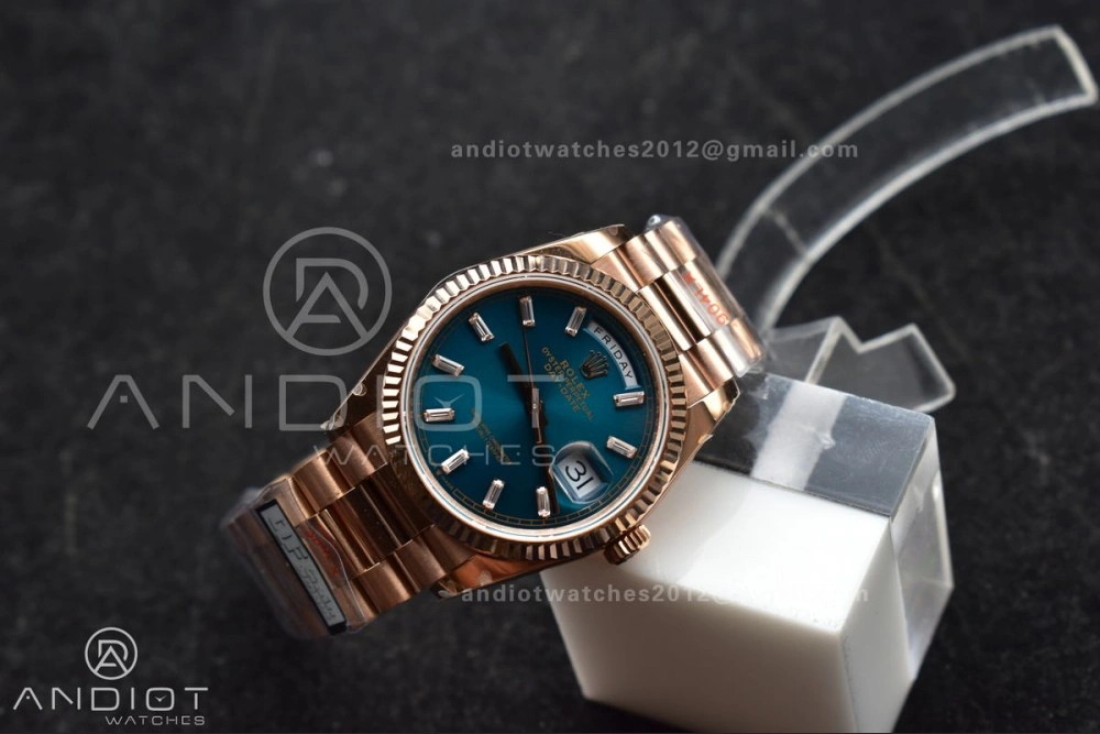 WeatherProof DayDate 36 RG QF Best Edition 904L Steel Blue Dial with Stick Diamond on President Bracelet vr3255 V5 (Gain Weight) 667