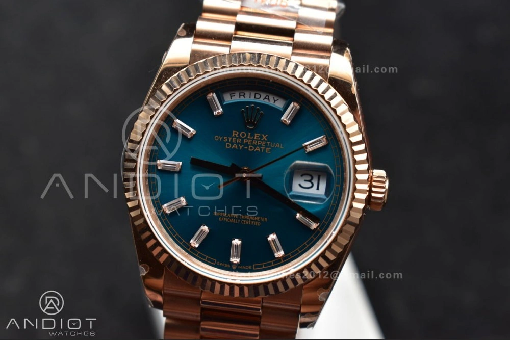 WeatherProof DayDate 36 RG QF Best Edition 904L Steel Blue Dial with Stick Diamond on President Bracelet vr3255 V5 (Gain Weight) 667