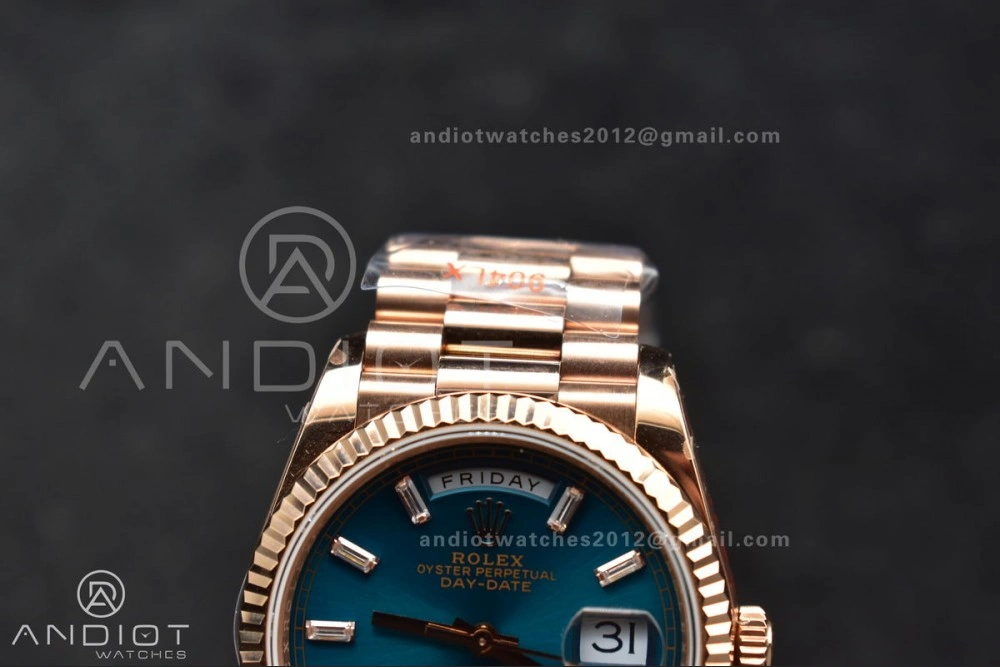 WeatherProof DayDate 36 RG QF Best Edition 904L Steel Blue Dial with Stick Diamond on President Bracelet vr3255 V5 (Gain Weight) 667