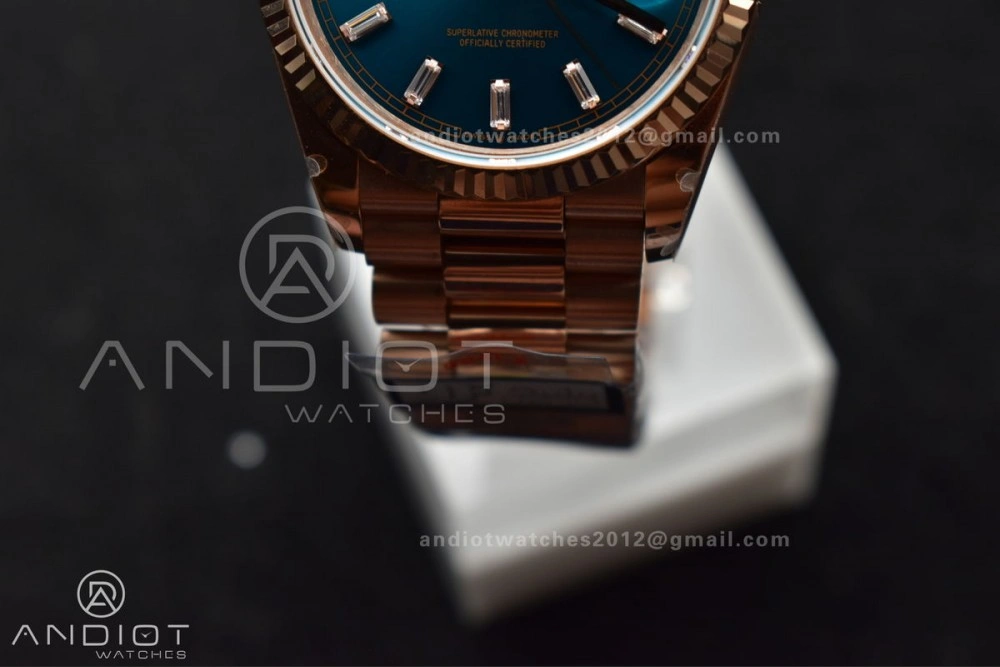 WeatherProof DayDate 36 RG QF Best Edition 904L Steel Blue Dial with Stick Diamond on President Bracelet vr3255 V5 (Gain Weight) 667