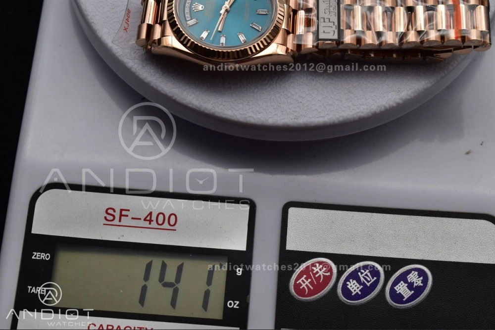 WeatherProof DayDate 36 RG QF Best Edition 904L Steel Blue Dial with Stick Diamond on President Bracelet vr3255 V5 (Gain Weight) 667