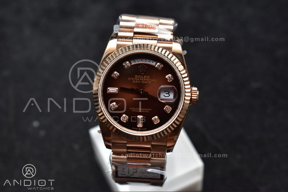 ComfortFit DayDate 36 RG QF Best Edition 904L Steel Brown Diamond Dial on President Bracelet vr3255 V5 (Gain Weight) 678