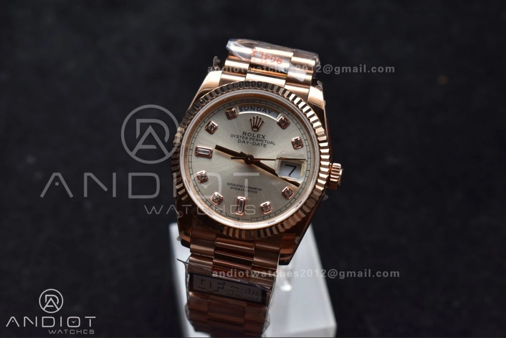 DayDate 36 RG QF Best Edition 904L Steel Silver Dial with Square Diamond on President Bracelet vr3255 V5 (Gain Weight) Sleek 675
