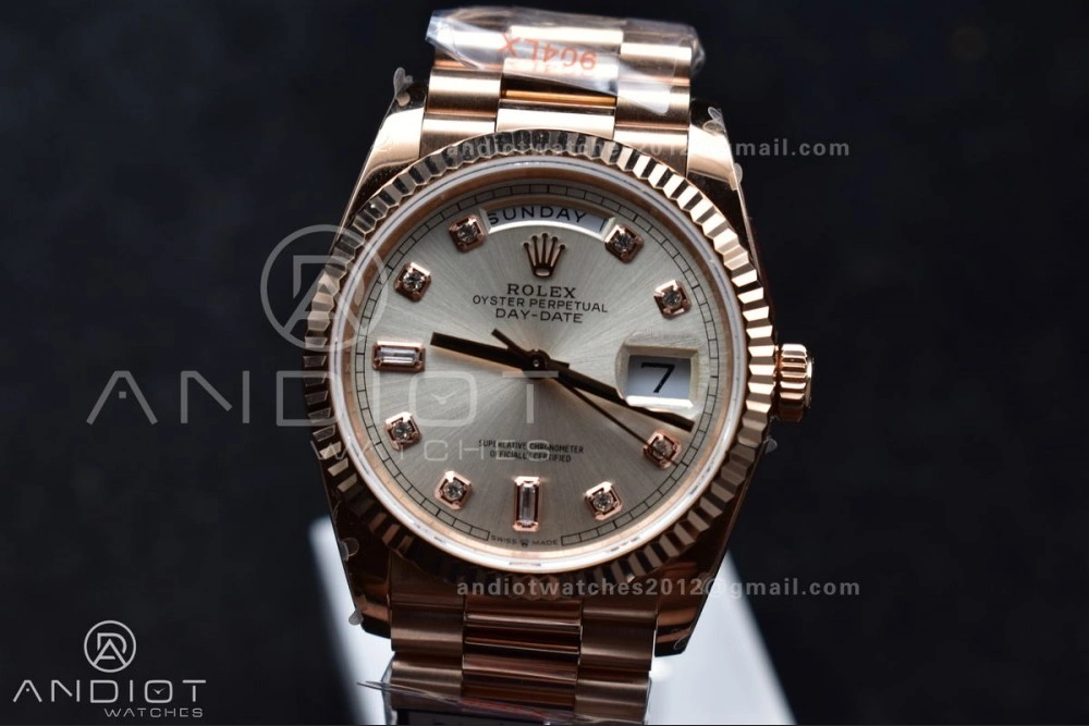 DayDate 36 RG QF Best Edition 904L Steel Silver Dial with Square Diamond on President Bracelet vr3255 V5 (Gain Weight) Sleek 675
