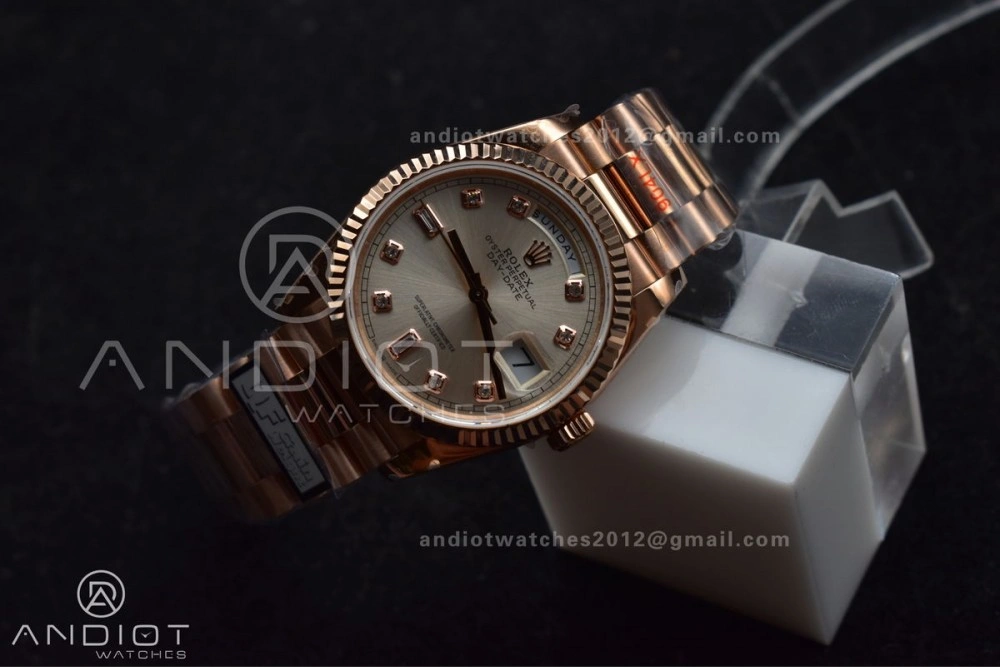 DayDate 36 RG QF Best Edition 904L Steel Silver Dial with Square Diamond on President Bracelet vr3255 V5 (Gain Weight) Sleek 675