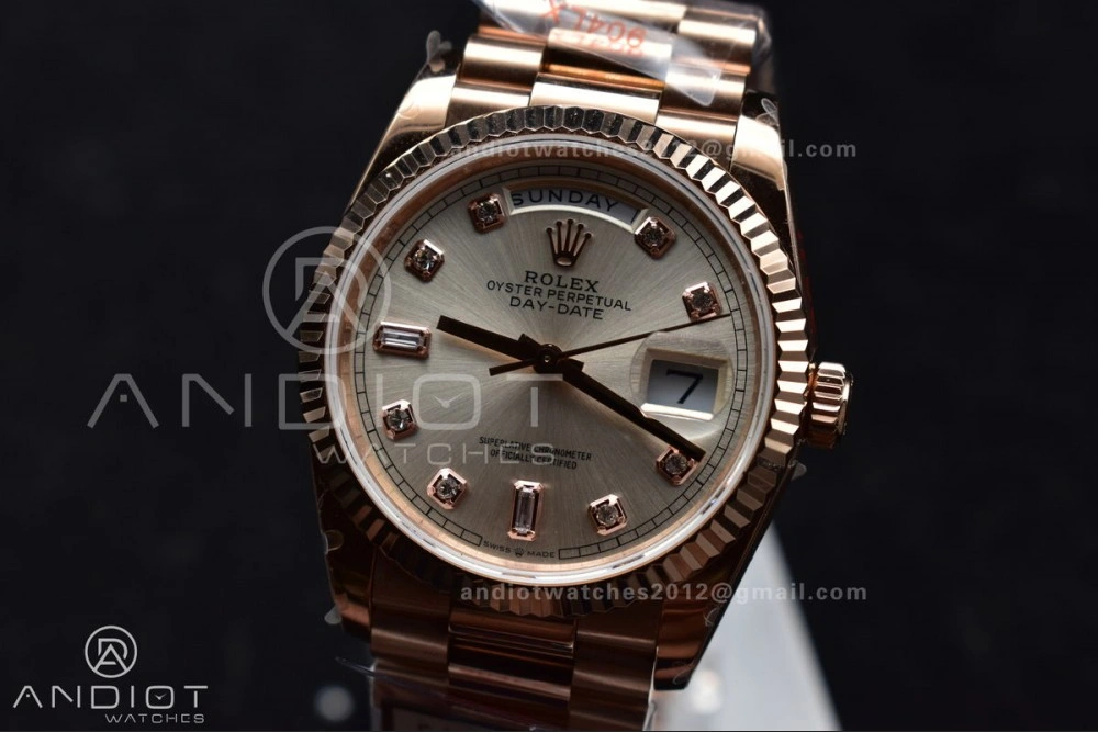DayDate 36 RG QF Best Edition 904L Steel Silver Dial with Square Diamond on President Bracelet vr3255 V5 (Gain Weight) Sleek 675