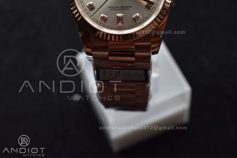 DayDate 36 RG QF Best Edition 904L Steel Silver Dial with Square Diamond on President Bracelet vr3255 V5 (Gain Weight) Sleek 675