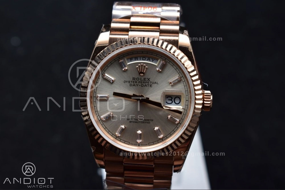 ZeroBulk DayDate 36 RG QF Best Edition 904L Steel Silver Dial with Stick Diamond on President Bracelet vr3255 V5 (Gain Weight) 674